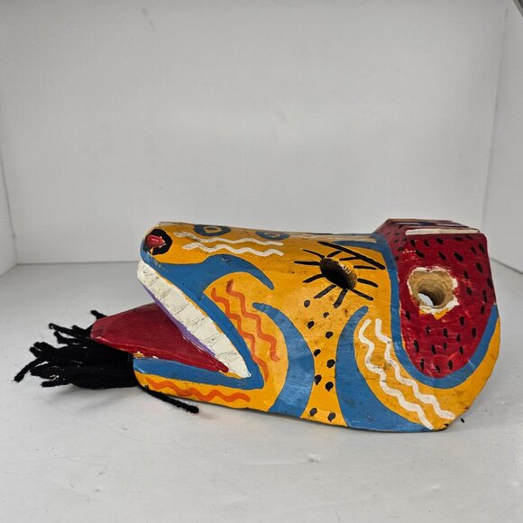 Hand-Painted Wooden Guatemalan Mask With Colorful Tribal Design & Yarn Beard - Picture 5 of 8